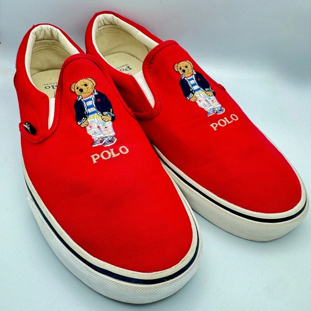 Polo Ralph Lauren Keaton-Slip Red Canvas Polo Bear Sneakers Mens 13 Slip On